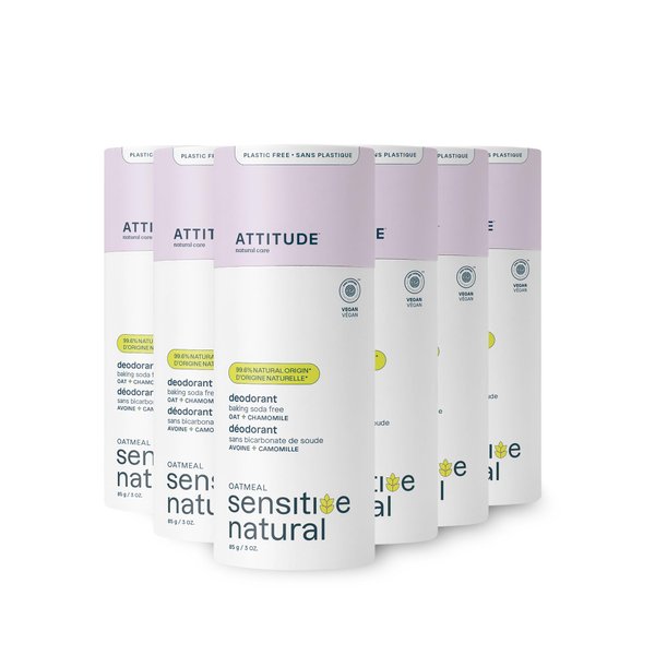 ATTITUDE Baking Soda Free Deodorant for Sensitive Skin with Oatmeal and Chamomile, EWG Verified, Aluminum Free, Plastic-Free, 3 Ounces (Pack of 6)