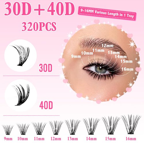 Lash clusters, DIY false eyelashes 320 PCS Individual Lashes, 30D+40D 9-16MM MIX Eyelash Extension Kit, D Curl False Eyelashes At Home