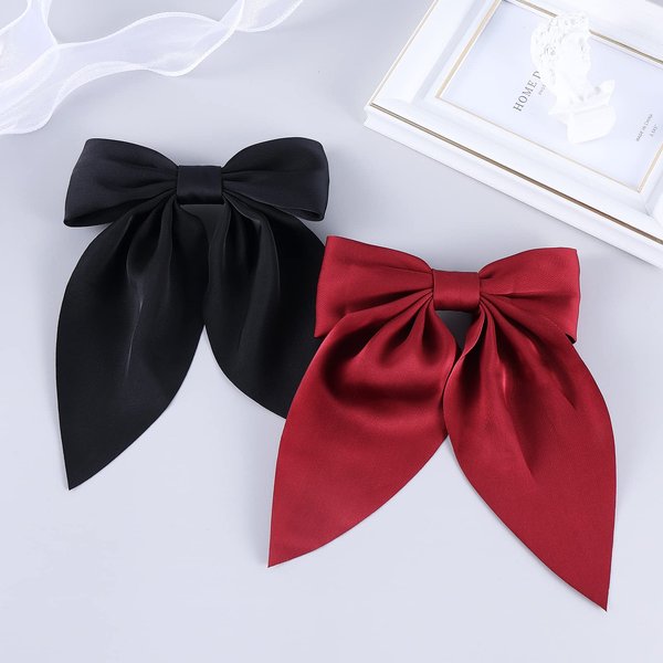 Small Satin Hair Bows for Women Girls, Classy Short Tail Bow Hair Ties, Back to School Outfits, Cute Hair Styling Accessories for Teen Toddler Girl Stuff, Alligator Clips Headdress, Black and Burgundy