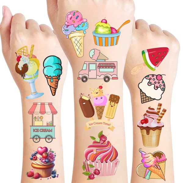Ice Cream Temporary Tattoos - Ice Cream Birthday Decorations Party Favor Supplies Boy Girl Teen Gift Idea Summer Holiday Festival Outdoor Activity
