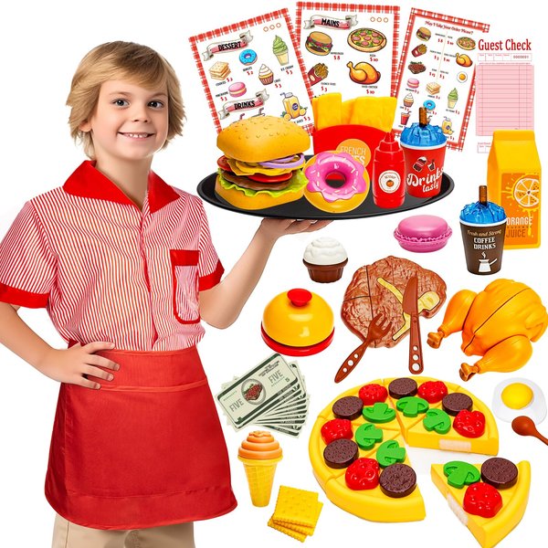 Restaurant Server Play Toys Set for Boys Girls Age 3-8, Role Play Set with Unisex Server Dress-Up Costume, Play Food, Play Money, Menu for Kids Play Kitchen, Restaurant,Xmas Stocking Stuffers for Kids