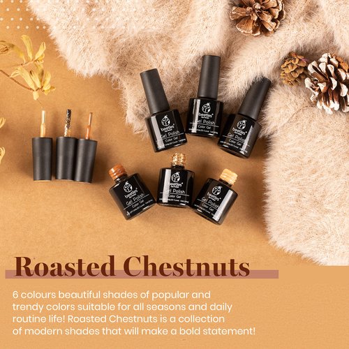 Beetles Gel Nail Polish Kit 6 Colors Glitter Gold Chocolate Brown Neutral Beige Khaki Roasted Chestnuts Collection Uv Gel Nail Art Design Holiday Gift for Women Girls