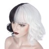 WeKen Cruella Devil Costume Wig for Women Half Black and White Short Wavy Curly Synthetic Wigs for Halloween Christmas Carnival Party