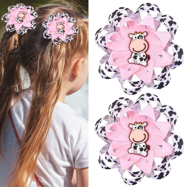 Funny Moo Cow Hair Clips Cute Cow Print Hair Clip White Pink Curly Flower Hair Pins Bowknot Grosgrain Ribbon Hair Alligator Clips Toddler Girl Hair Accessories for Baby Shower Party 2Pcs