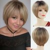 RENERSHOW Blonde Short Pixie Bob Wigs for White Women Layered Straight Synthetic Wig with Bangs Ombre Blond Highlights Bob Haircuts Light Weight Natural Women’s Daily Party Hair Replacement Wig