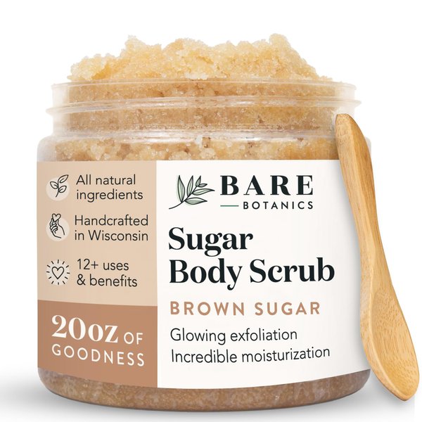 Bare Botanics Brown Sugar Body Scrub 20oz | Made in Madison, WI | All Natural Sugar Exfoliator w/Skin Loving Moisturizers | Vegan & Cruelty Free | Gift Ready Packaging w/a Cute Wooden Spoon