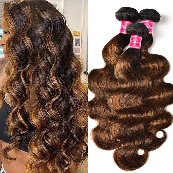 Nadula Hair 12A Brown Balayage Ombre Body Wave Human Hair Weave 3 Bundles, Brazilian Highlight Remy Hair Chocolate Brown Human Hair Extension FB30 Ombre Color (12 14 16inch)