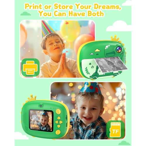 Kids Camera Instant Print, 20MP 1080P Ink Free Instant Print Camera for Kids, Dinosaur Instant Camera for Kids Aged 3-10, Toddler Camera for Kids Christmas Birthday Gifts (Green)