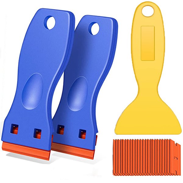 3Pack Plastic Razor Blades Scraper Tool (1Spatula)10 Double Edged blades,No Scratch Sticker Removal Scraper for Cleaning Adhesive Label Decal Glue from Stove top,Glass Window,Cooktop,Car Windshields.
