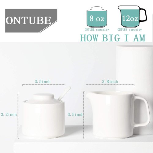 ONTUBE Porcelain Sugar and Creamer Set of 3,Ceramics Cream Pitcher, Sugar Bowl with Lid and Spoon (Bright White)
