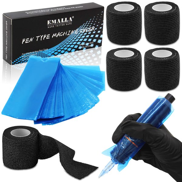 Pen Machine Covers with Grip Tapes - Rayyl 200pcs Tattoo Pen Covers and 4pcs Tattoo Grip Tape Tattoo Machine Bags Tattoo Pen Sleeves Combination Tattoo Supplies