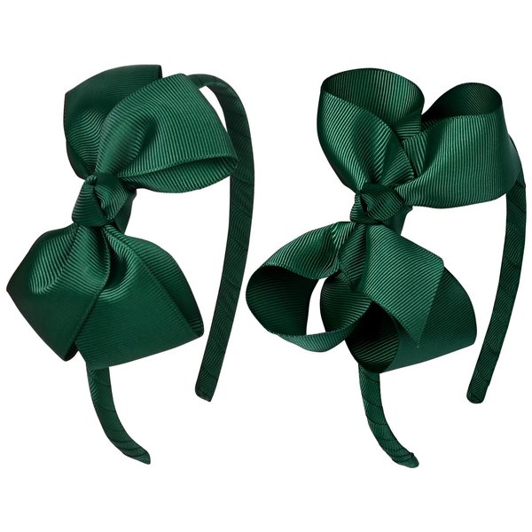 DEEKA 2 PCS 4" Dark Green Bow Headband Grosgrain Ribbon Hair Bows for Toddlers Hair Band Accessories for Little Girls Kids Set of 2 -Dark Green