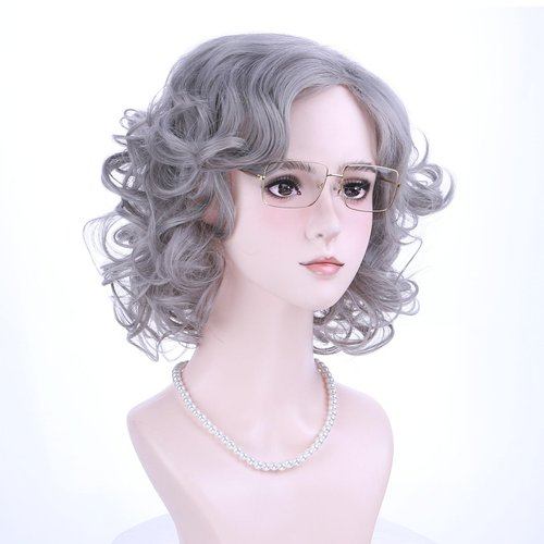 Edivd Kids Gray Grandma Granny Costume Wig Short Sliver Gray Side Part Wig for Girls Short Light Grey Curly Wavy Wig for Child 100 Days of School Heat Resistant Synthetic Wig with Wig Cap