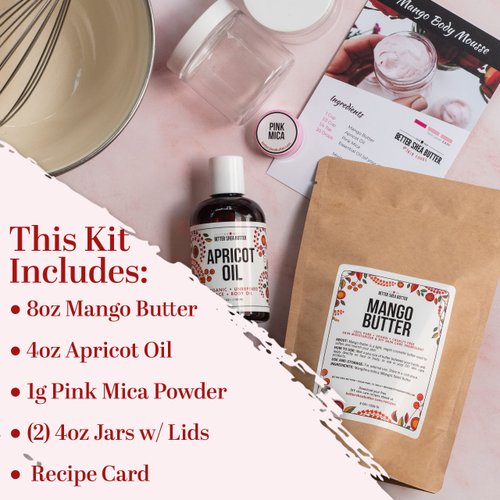 Better Shea Butter Body Butter Making Kit - Includes Raw Mango Butter, Raw Apricot Oil, Pink Mica, 2 jars and Recipes Card with Link to Video Tutorial - Natural Whipped Mango Body Lotion Making Kit