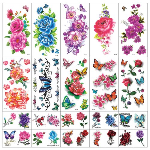 30 Sheets Flowers Temporary Tattoos Stickers for Women Adult Girls or Kids,Roses Flower Butterfly Body Art Temporary Tattoos (Colorful Flower) 561