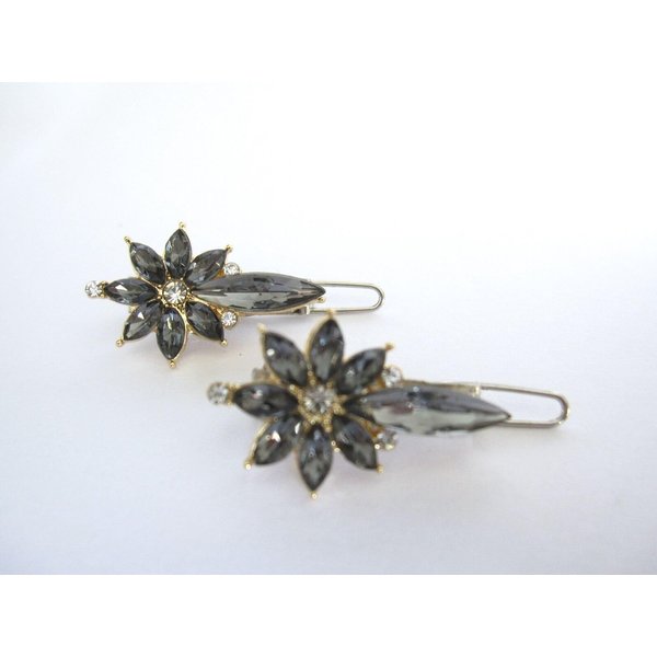 Two small tiny gray crystal flower hair pin clip barrettes fine hair