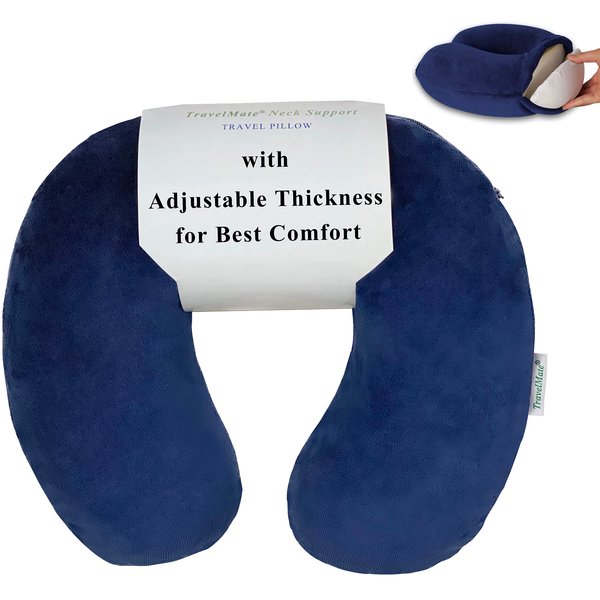 TravelMate Memory Foam Neck Pillow - Adjustable Thickness for Best Comfort, Dark Blue