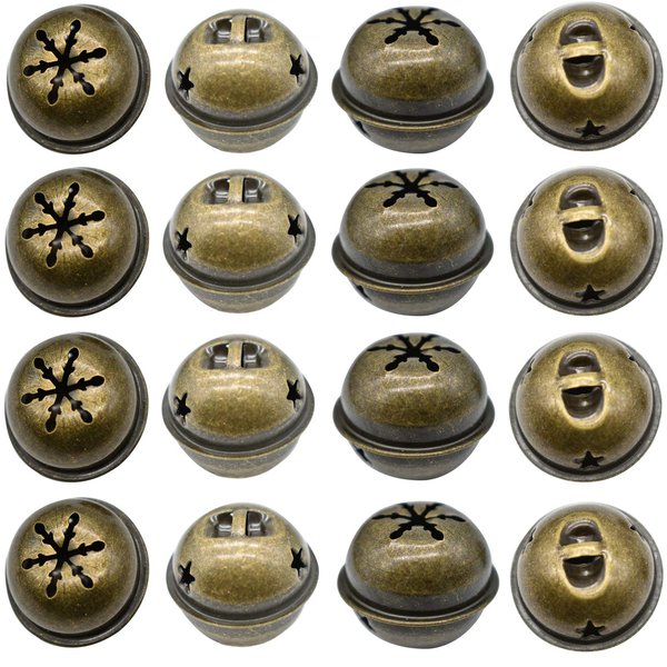 Maydahui 60PCS Bronze Jingle Bells 1.34 Inches Star with Snowflakes Design Small Elliptical Antique Brass Bell for Crafts Christmas Halloween Festival Decor