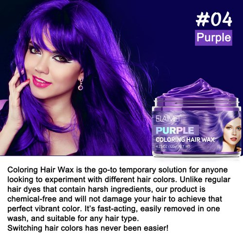 Purple Hair Dye Temporary Hair Color Wax, Hair Wax Dye Color, Washable Treatment with All Day Hold, Hair Color Cream for DIY Hairstyle for Men Women Halloween Party(4.23 Oz)