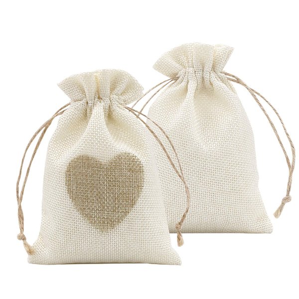 SumDirect Heart Burlap Bags with Drawstring - 36Pcs 4x6 Inch Beige Small Linen Gift Pouch for Wedding，Baby shower Favor Gift Bags