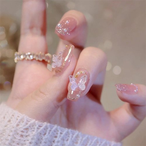 Butterfly Press on Nails Short Coffin Pink Fake Nails with Pearl and Glitter Design Acrylic Nails Glossy False Nails Rhinestone Full Cover Glue on Nails Stick on Nails for Women and Girls