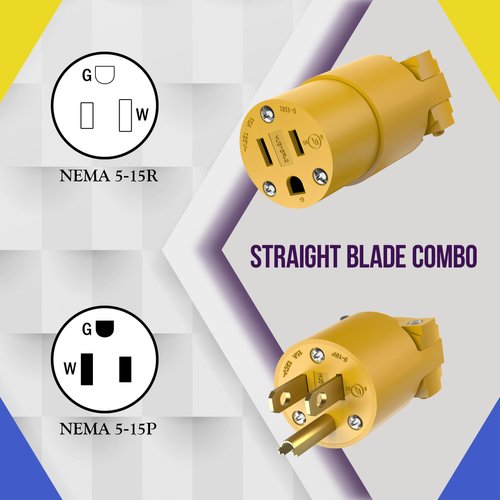ENERLITES Electrical Replacement Plug & Connector Set, Extension Cord Ends Male and Female, 15 Amp 125 Volt, Straight Blade Plug Grounding Type, NEMA 5-15P & 5-15R, UL Listed, 66202-Y, Yellow, 5 Pack