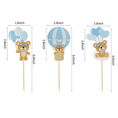 Hot Air Balloon Pilot Bear Cupcake Cake Toppers Aviator Fly Baby Shower Birthday Party Decorations Supplies (Hot Air Balloon Pilot Bea)