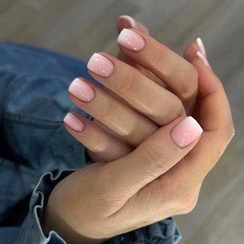 Pink Gradient Press on Nails Short Square Fake Nails Kit Glossy Reusable Artificial False Nails Natural Fit Glue on Nails Acrylic Stick on Nails for Women Girls DIY Manicure Decoration