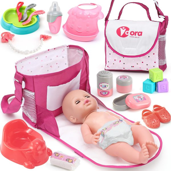 TUZT Baby Doll Accessories Playset, Baby Doll Care Toys with Changing Bag Feeding Set Baby Doll Nappies Bottle Bath, Pretend Play Toys Birthday for Kids Girls (Baby Doll Not Included)