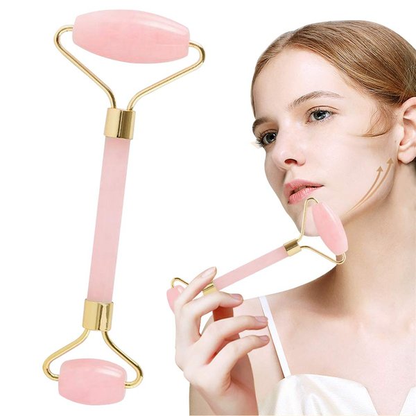 TOP-VRA Jade Roller,Rose Quartz Roller for Face,Jade Skincare Tool,Jade Facial Roller,Eye Roller Anti Aging Jade Massager Roller Slimming Healing Chakra Tool A-Rose Quartz (Golden)