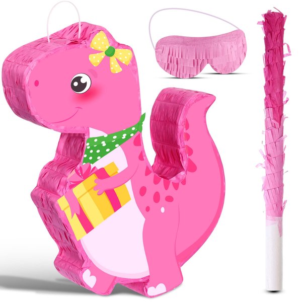 Dinosaur Piñata Set Dino Themed Piñata with Stick and Blindfold Girls Dinosaur Birthday Party Piñata for Animal Theme Party Decoration Baby Shower Game Supplies(Cute)
