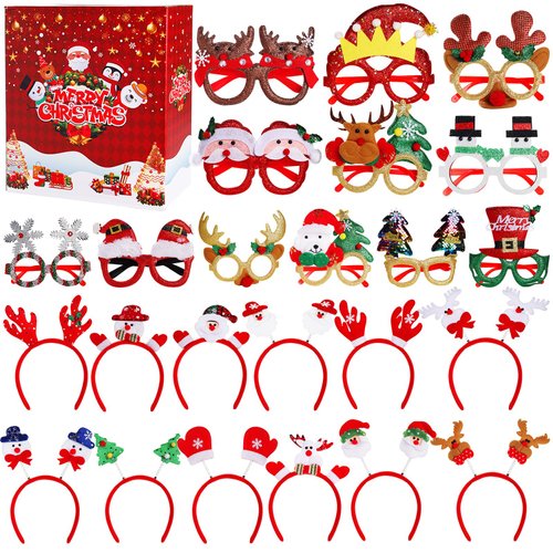 boveeny 24 Pcs Christmas Glasses Frames and Headbands, Christmas Party Favors, Bulk Christmas Goodie Bag Stuffers, Christmas Classroom Prizes for Kids