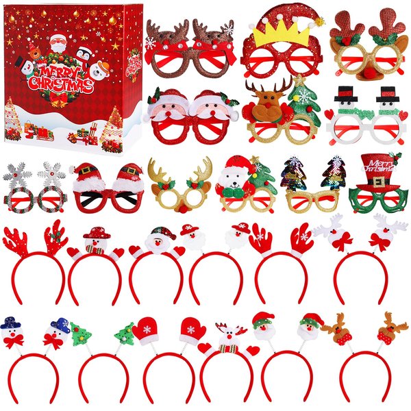 boveeny 24 Pcs Christmas Glasses Frames and Headbands, Christmas Party Favors, Bulk Christmas Goodie Bag Stuffers, Christmas Classroom Prizes for Kids