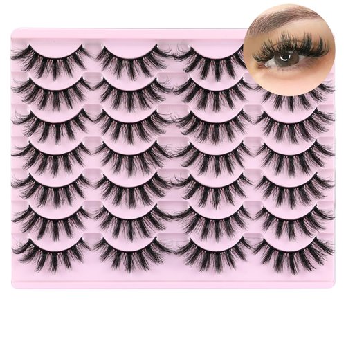 JOSIEZOEY False Eyelashes Wispy Mink Lashes Fluffy Cat Eye Eyelashes Natural Look 16MM Russian Strip Lashes D Curl 14 Pairs Fake Eyelashes Pack Pestañas Postizas Naturales