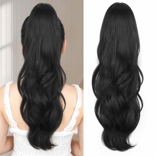 Stamped Glorious Ponytail Extension Drawstring Ponytail Extension for Women 26 Inch Long Wavy Layered Pony Tails Hair Extensions Clip in Ponytail Hairpiece for Daily Party Use（Black）