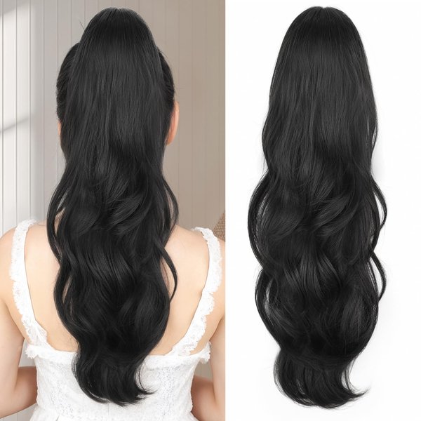 Stamped Glorious Ponytail Extension Drawstring Ponytail Extension for Women 26 Inch Long Wavy Layered Pony Tails Hair Extensions Clip in Ponytail Hairpiece for Daily Party Use（Black）