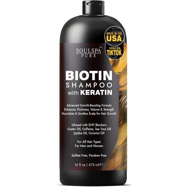 SOULSPA PURE Biotin Shampoo with Keratin - Advanced Anti-Thinning, Hair Growth & Repair Formula - Soothes Scalp, with Tea Tree Oil & DHT Blockers - Strong, Healthy Hair for Men & Women - 16 fl oz