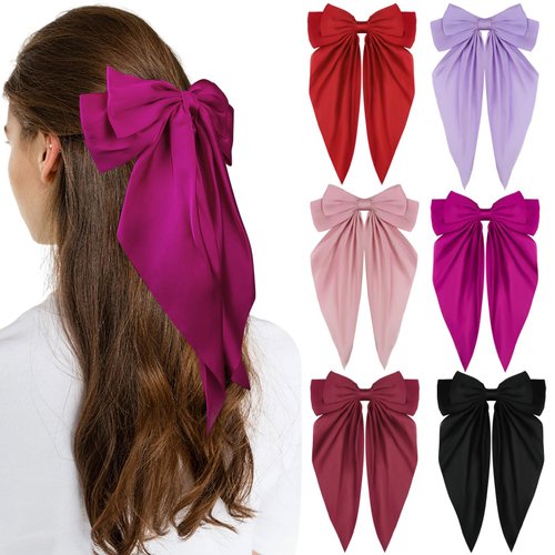 FOWSRHRG 6PCS Satin Hair Bow Clips for Women, Big Bow with Metal Hair Clips, French Hair Barrettes for Girls, Vintage Hair Accessories for Thick Hair Curly Hair Straight Hair