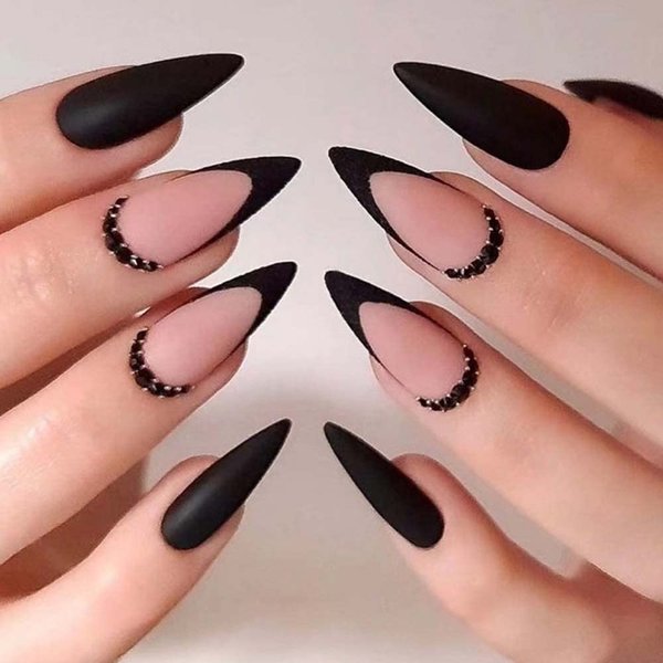 ANDGING Black Stiletto Press on Nails Short Medium French Tip Fake Nails Glue on Nails for Women with Matte Glitter Rhinestone Design Cute Acrylic False Nails Stick on Nails for Wedding Birthday 24Pcs