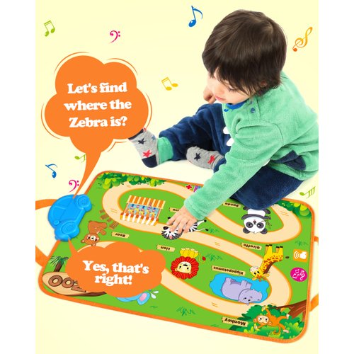 Vanmor Baby Car Toys for 12 Month Old Toys, Musical Playmat with 4 Animal Soft Pull-Back Vehiclefor 1 Year Old, Soft Baby Learning Toys 12-18 Months, 1st Birthday Xmas Gift for Toddlers