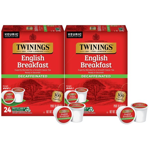 Twinings Decaf English Breakfast Tea K-Cup Pods for Keurig, Naturally Decaffeinated Black Tea, Smooth, Flavourful, Robust, 48 Count