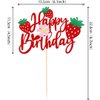 1Pcs Happy Birthday Cake Topper Glitter Strawberry Flower Theme Birthday Cake Pick for Strawberry Theme Baby Shower Kids Birthday Party Cake Decorations Supplies