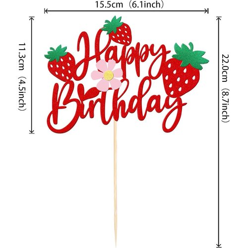 1Pcs Happy Birthday Cake Topper Glitter Strawberry Flower Theme Birthday Cake Pick for Strawberry Theme Baby Shower Kids Birthday Party Cake Decorations Supplies