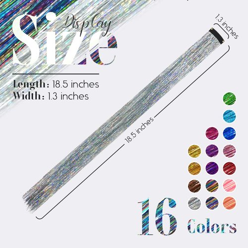 MYKURS Clip in Tinsel Hair Extensions for Kids, Glitter Hair Extension Clips, Fairy Hair Tinsel Kit for Girls, 16 PCS