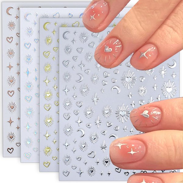 12pcs Aurora Silver Star Moon Nail Art Stickers 3D Star Nail Stickers for Women Rose Gold Star Nail Decals for Nail Art Supplies Sun Moon Heart Stickers for Nails Laser Silver Nail Sticker Nail Design
