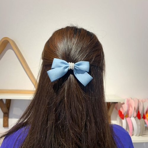 Blue Denim Hair Bow Clips for Women Girls Fashion Pearl Bowknot Alligator Barrette Hairpins Handmade Fall Winter Outfits Decor Accessories Xmas Gift Set 2 pcs