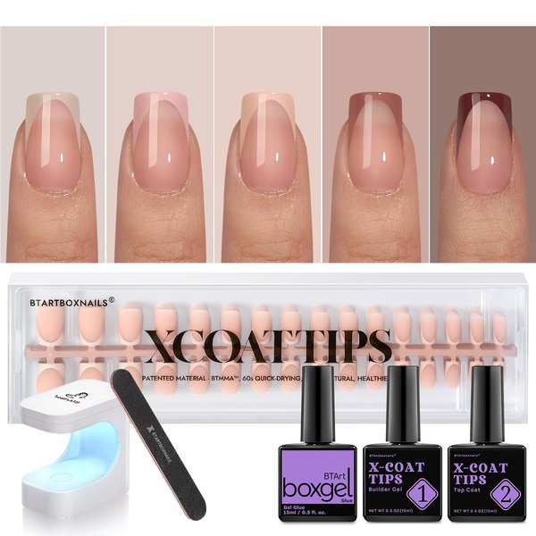 btartboxnails XCOATTIPS French Gel Nails - Skin Tones French Tip Press on Nails, Short Square Nail Tips with Nail Gel, French Protecting Duo, Nail Lamp, All in One Soak Off Acrylic Fake Nail Extension