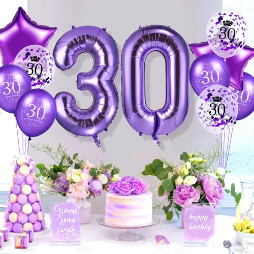 Purple 30th Birthday Balloons Decorations 40 Inch Number 30 Birthday Foil Balloons Star Balloons Happy 30th Birthday Confetti Latex Balloons for Women Men 30th Birthday Anniversary Party Supplies