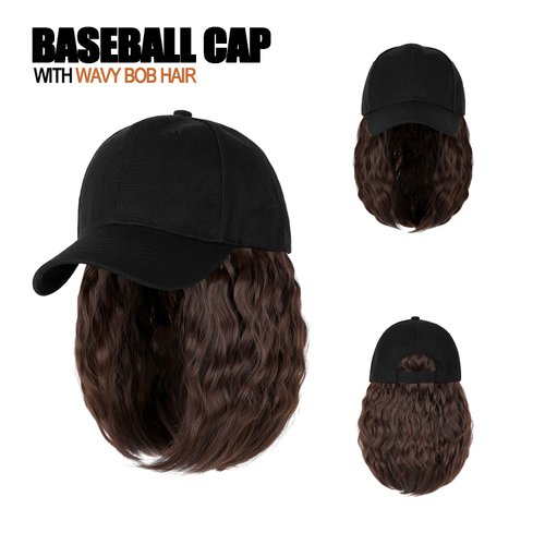 AynnQueen Baseball Cap with Hair Extensions for Women Adjustable Hat with Synthetic Wig Attached 8inch Kinky Curly Hair Black Baseball Cap (Medium Brown)