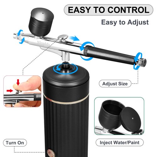 Nlapldy Airbrush Kit with Compressor, Portable Auto Handheld Airbrush Gun with 0.4mm Tip, 34PSI Air Pressure, 7.4V Rechargeable Compressor for Painting, Tattoo, Nail Art, Model Coloring, Makeup